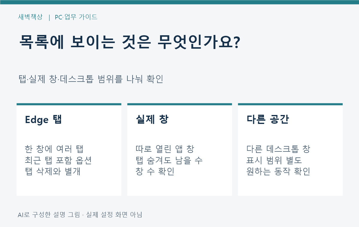 Edge 탭 실제 앱 창 다른 데스크톱 표시를 구분하는 점검표