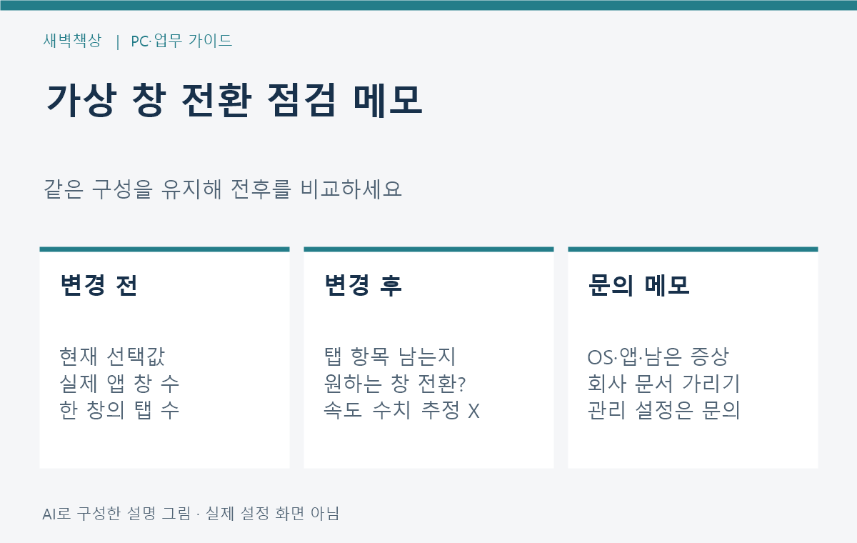 가상의 Edge 탭과 엑셀 창을 유지하며 설정 전후 목록을 비교하는 메모