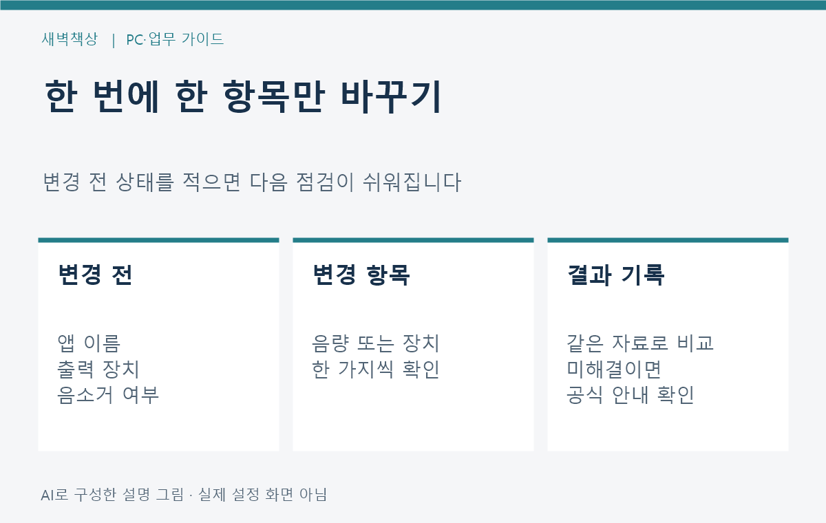 변경 전 앱과 장치 상태를 적고 한 항목씩 비교하는 기록 방법