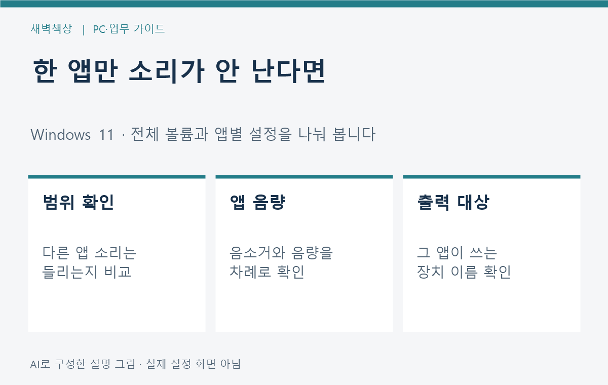 특정 앱 무음일 때 앱 음량과 출력 장치를 먼저 확인하는 순서