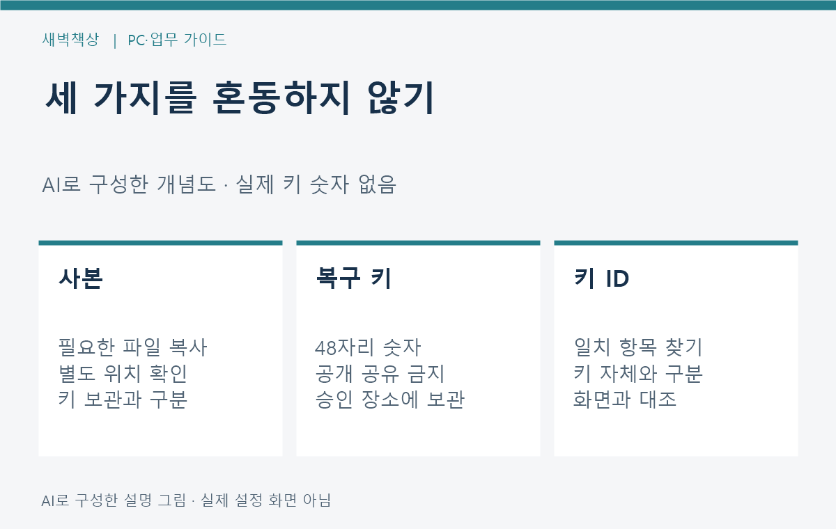 파일 사본, 복구 키, 키 ID의 서로 다른 역할을 구분하는 설명도
