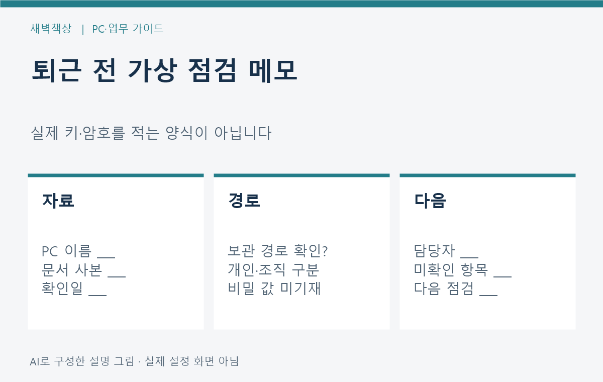 PC 이름, 키 보관 경로 확인, 담당자와 다음 점검일만 적고 비밀 값은 쓰지 않는 가상 퇴근 메모