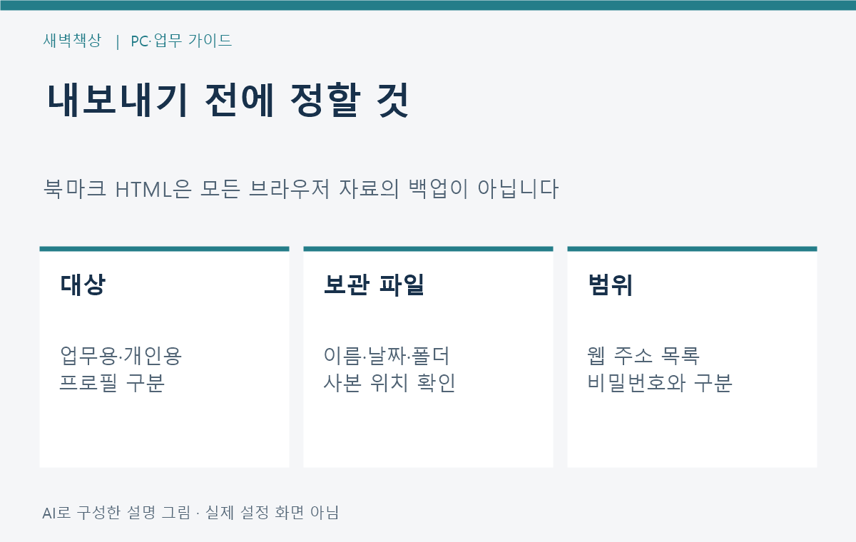 북마크 관리자, 저장 파일 이름과 위치, 포함할 업무 링크를 확인하는 절차