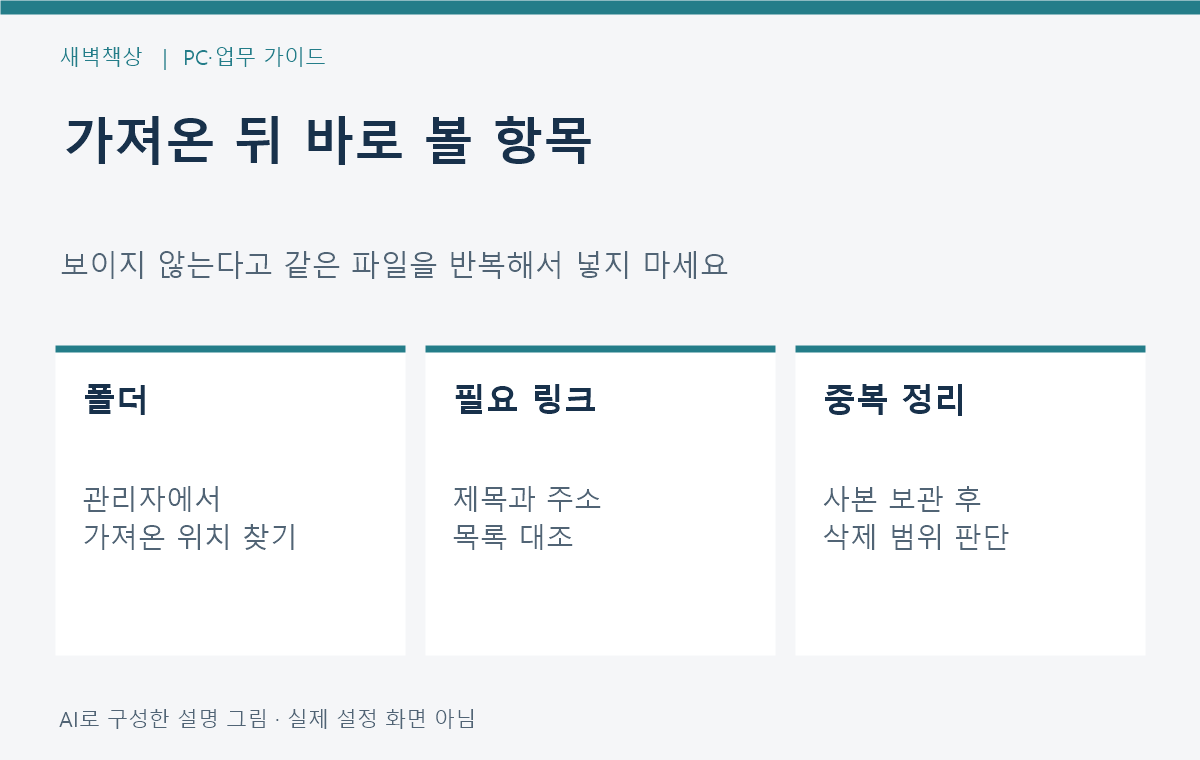 가져온 폴더, 대표 북마크, 중복 여부와 보관 사본을 대조하는 점검