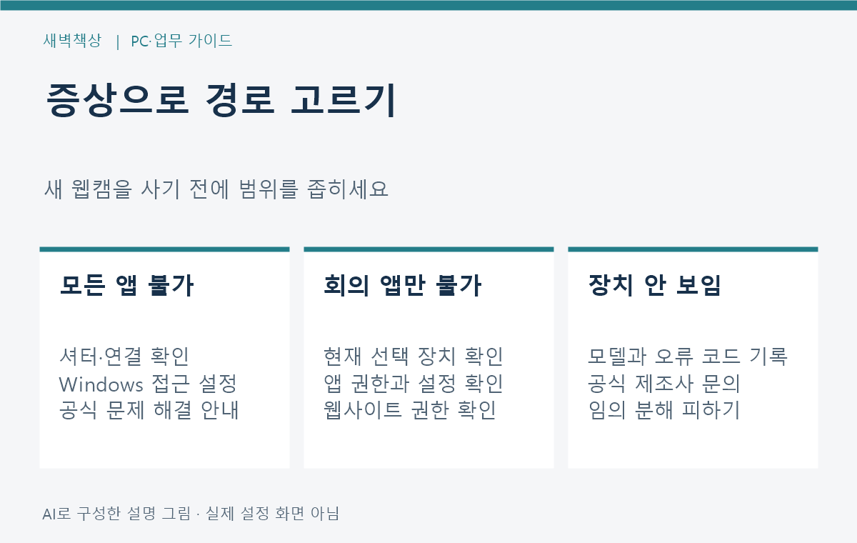 카메라 앱과 회의 앱의 작동 차이로 셔터 권한 장치 인식 점검 경로를 고르는 표