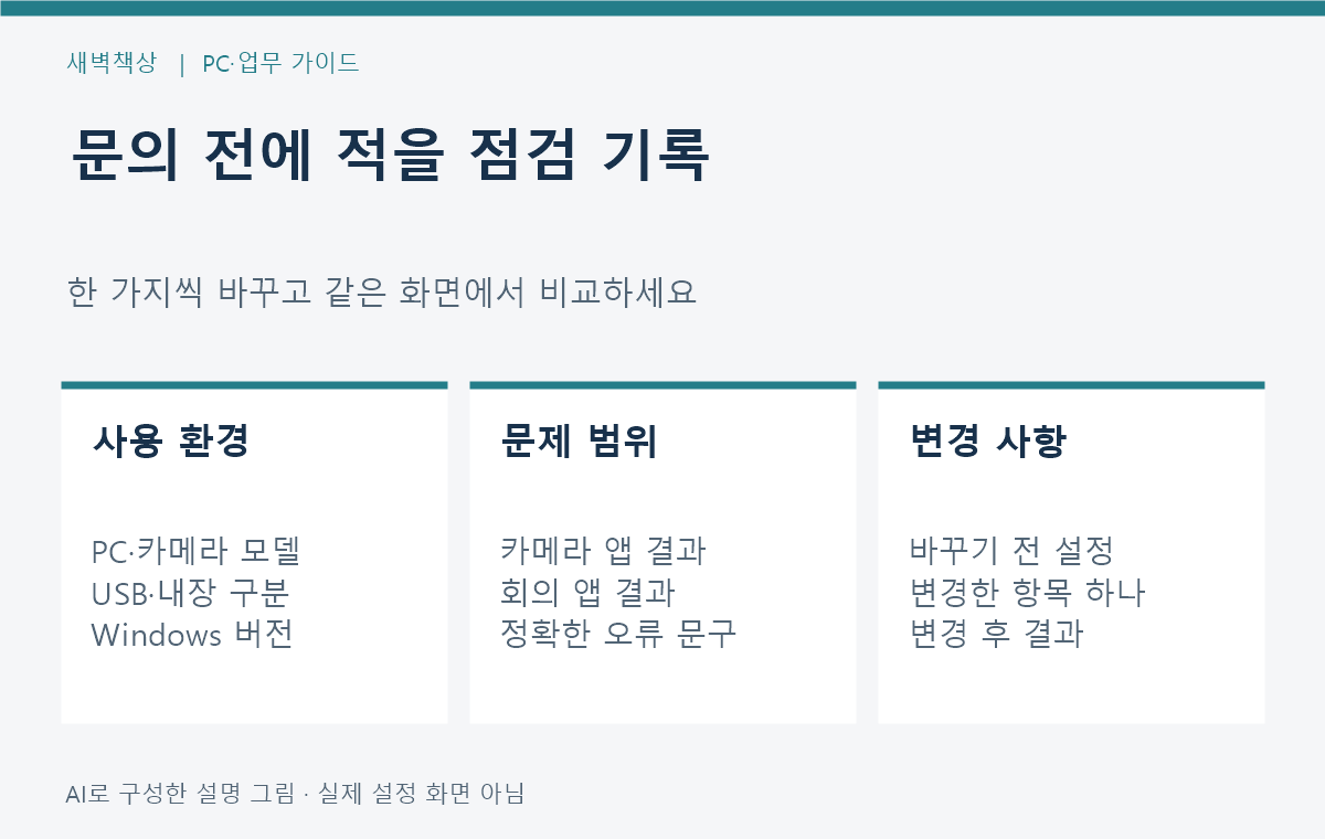 PC와 카메라 모델 앱별 결과 오류 코드 변경 항목을 함께 적는 문의용 기록