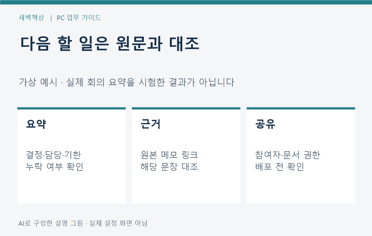 회의 요약의 결정 사항과 담당자, 기한을 원본 문서와 대조하는 가상 메모