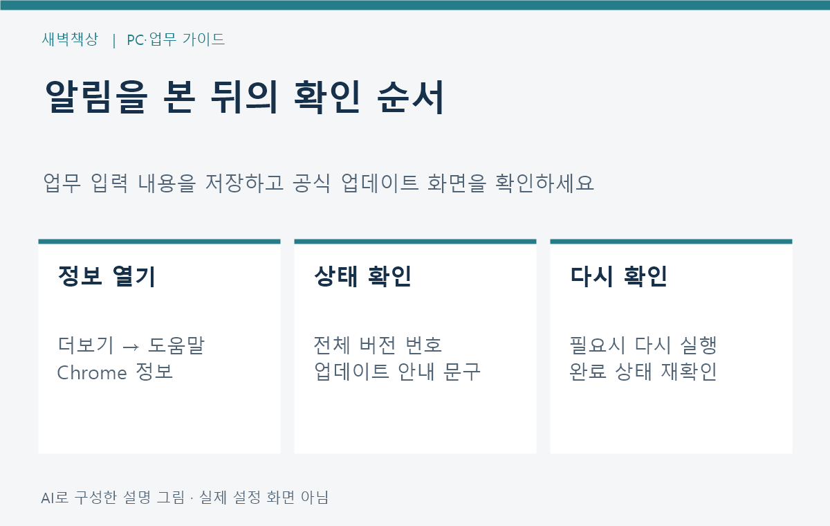 Chrome 정보 화면에서 전체 버전과 업데이트 상태를 확인하고 재실행 뒤 다시 점검하는 도식