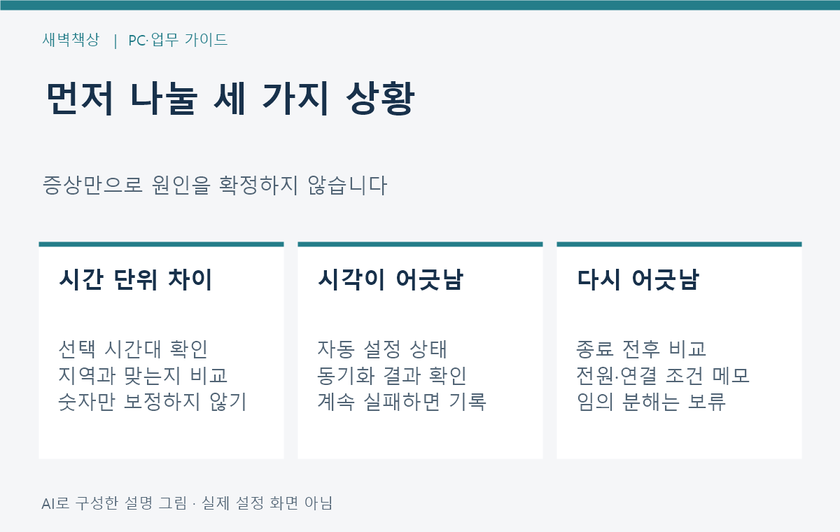 PC 시계의 시간대와 자동 설정 동기화 결과를 따로 확인하는 순서도