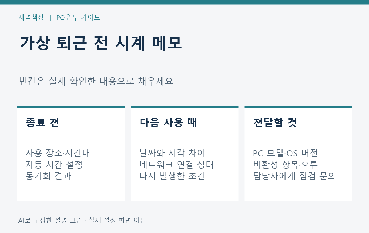 퇴근 전 설정과 다음 사용 때 시계 상태를 비교하는 빈칸 업무 메모