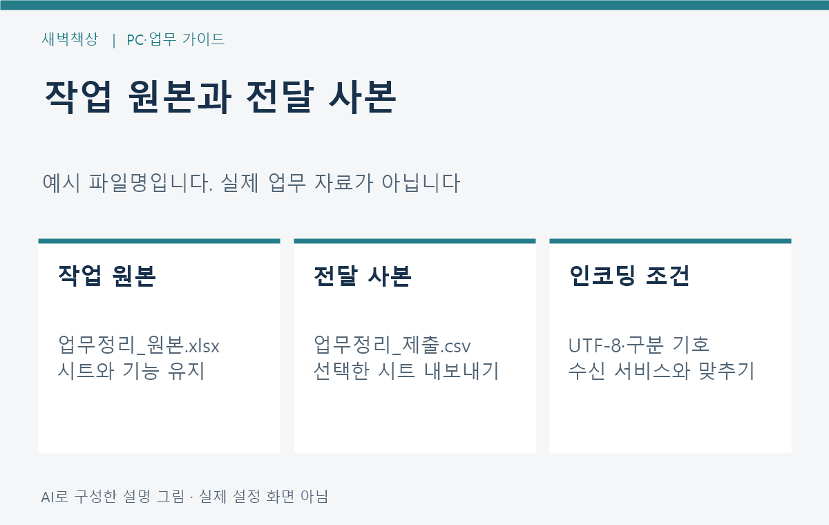 작업 원본 통합 문서와 전달용 CSV 사본을 분리하는 예시