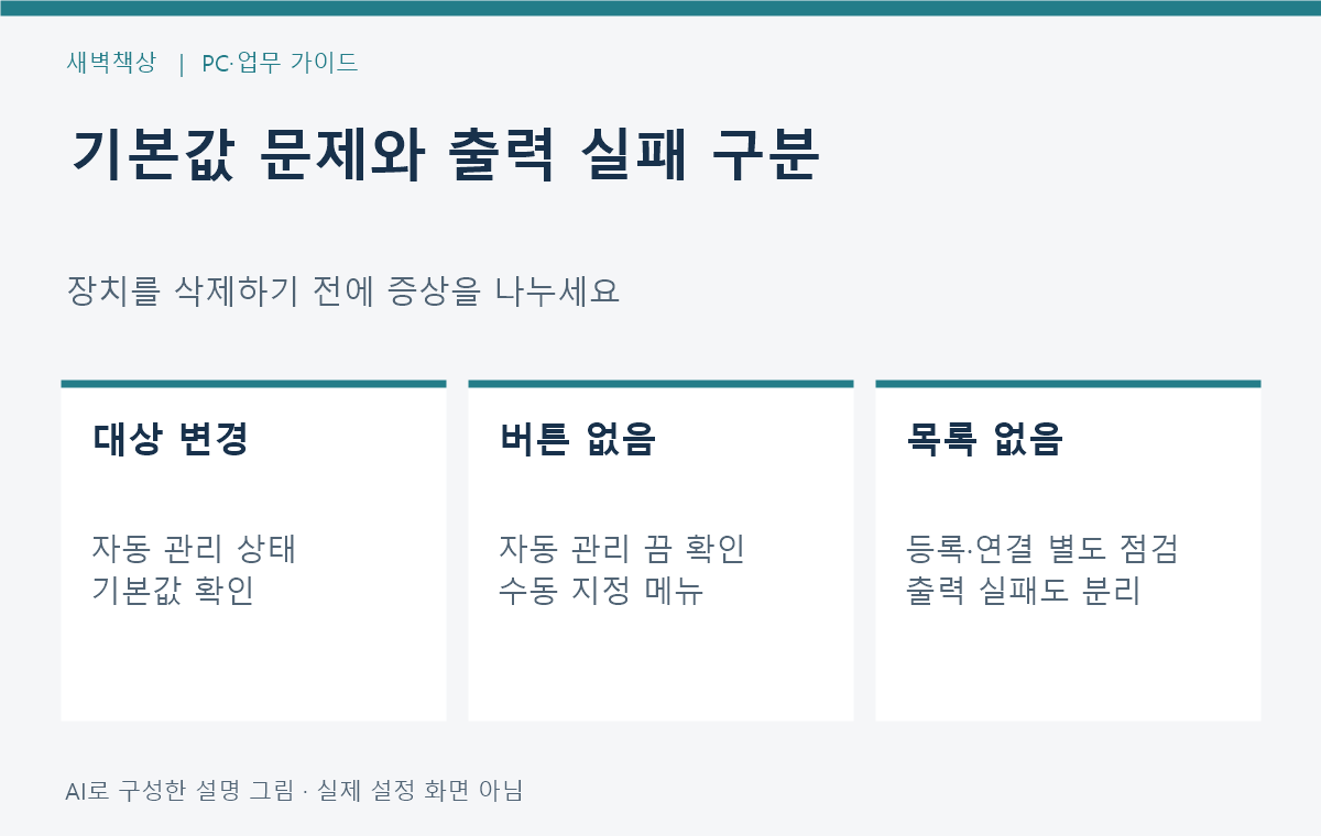 기본값 변경 버튼 미표시 목록 누락 인쇄 실패를 구분하는 표