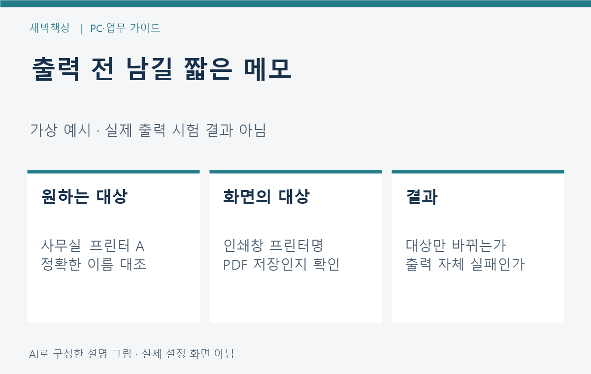 사무실 프린터와 PDF 출력 대상을 대조하는 가상 점검 메모