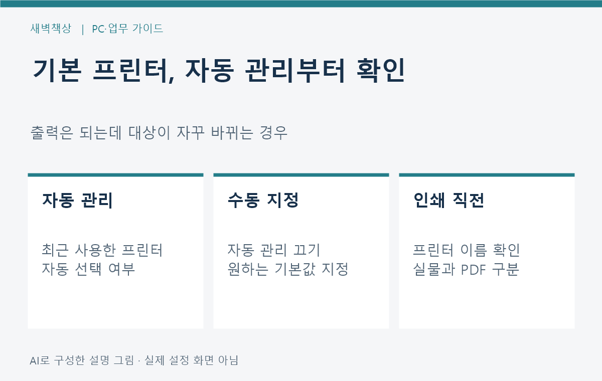 기본 프린터 자동 관리 수동 지정 실제 인쇄 대상 확인 순서