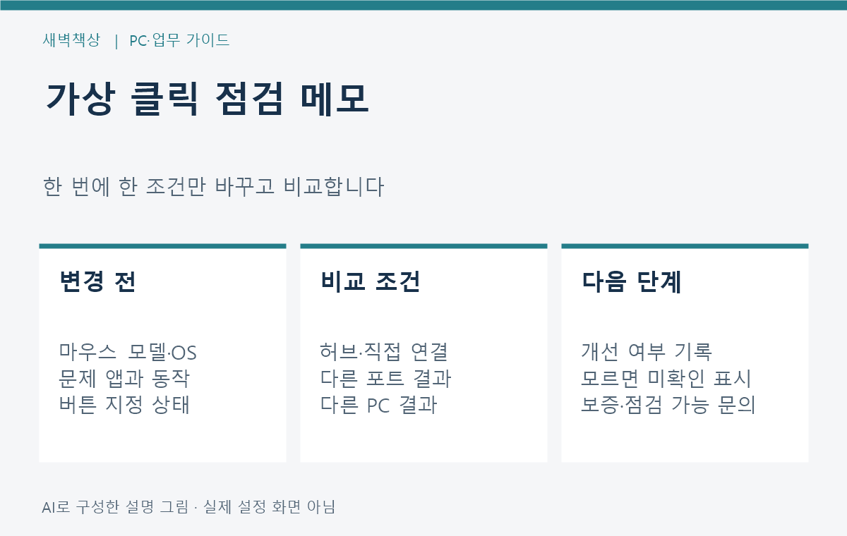 앱 버튼 지정과 연결 조건 및 다른 PC 결과를 적는 가상 점검 메모