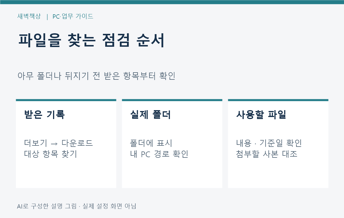 크롬 다운로드 목록에서 실제 저장 폴더와 사용할 문서를 확인하는 흐름