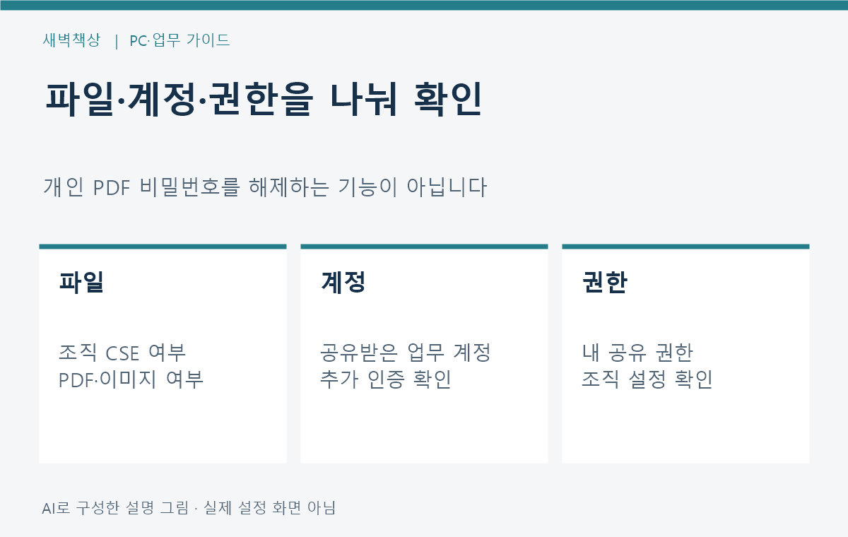 CSE 미리보기에서 파일 형식, 계정, 공유 권한을 순서대로 확인하는 도식
