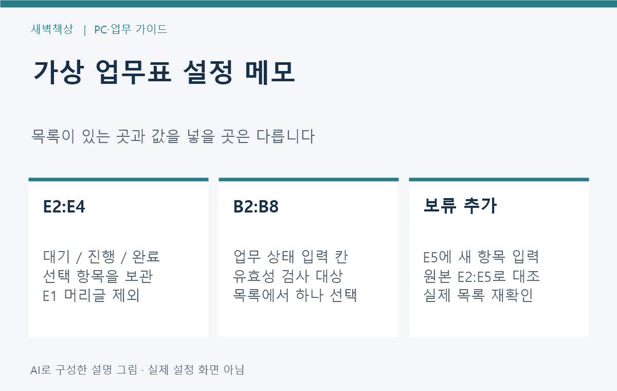 E2:E4 원본 목록과 B2:B8 입력 셀을 구분하고 보류를 추가할 때 범위를 대조하는 가상 업무표