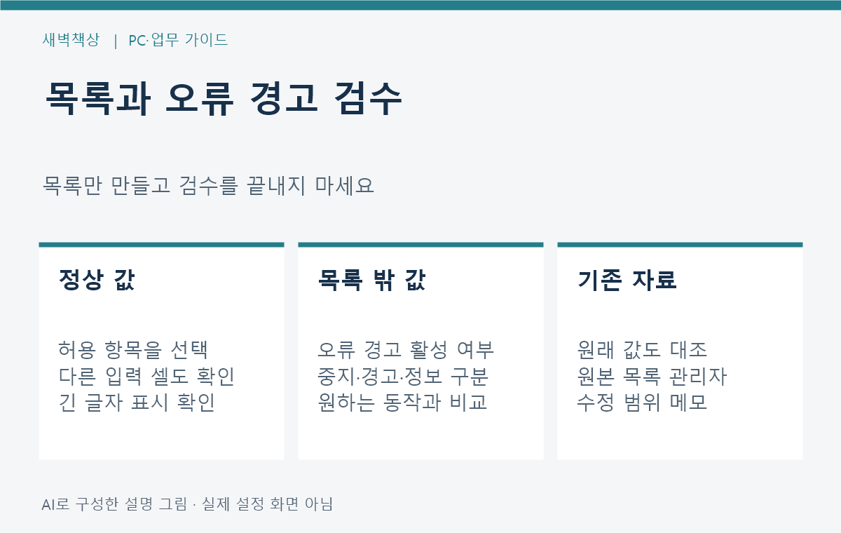 정상 항목 목록 밖 입력 오류 경고 종류와 기존 자료를 대조하는 드롭다운 검수표