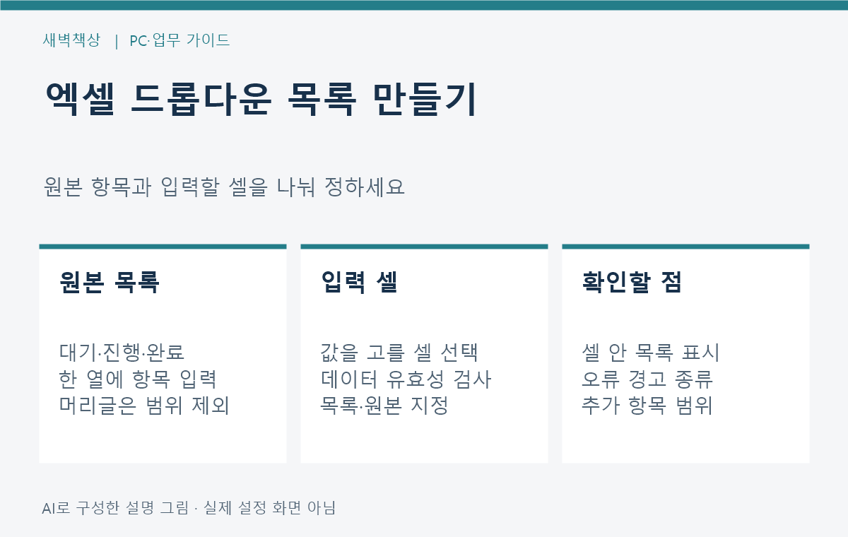 엑셀 드롭다운 목록 만들기: 원본 범위·입력 셀·오류 경고
