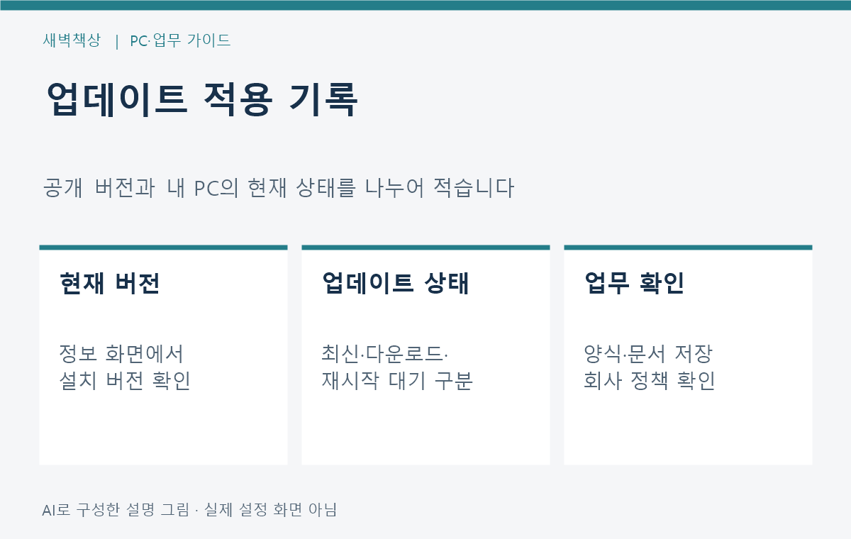 공개 버전과 설치 버전 및 업무 중 재시작 여부를 따로 기록하는 예시