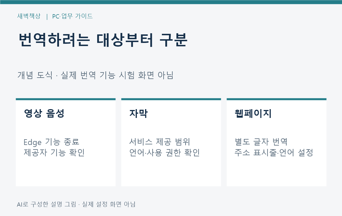 Edge 실시간 영상 번역 종료와 웹페이지 글자 번역을 구분하는 도식
