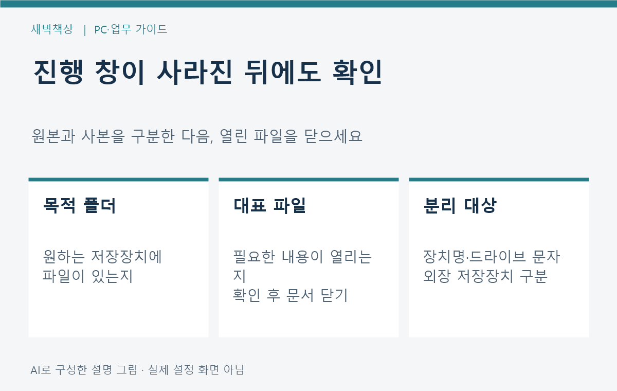 복사한 폴더와 대표 파일, 분리 대상 장치의 이름을 확인하는 흐름