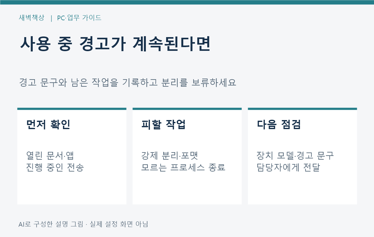 사용 중 경고가 계속되면 강제 분리하지 않고 남은 작업과 장치 정보를 기록하는 기준