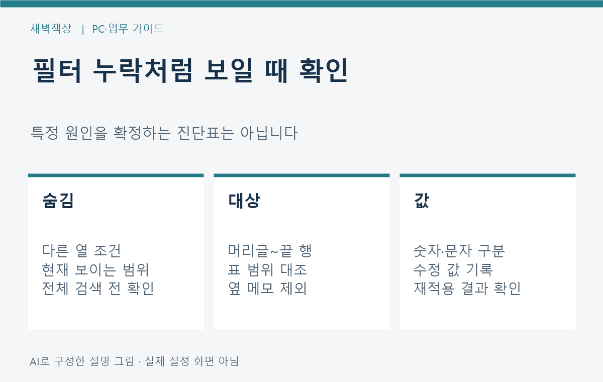 엑셀 필터의 다른 열 조건, 대상 범위, 다시 적용, 데이터 종류를 나눠 확인하는 설명도