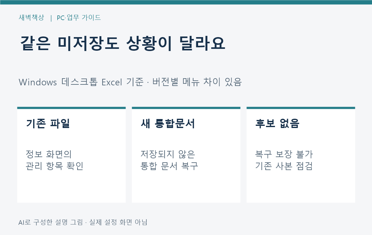 기존 파일의 수정분과 처음 저장하지 않은 통합문서를 나누어 확인