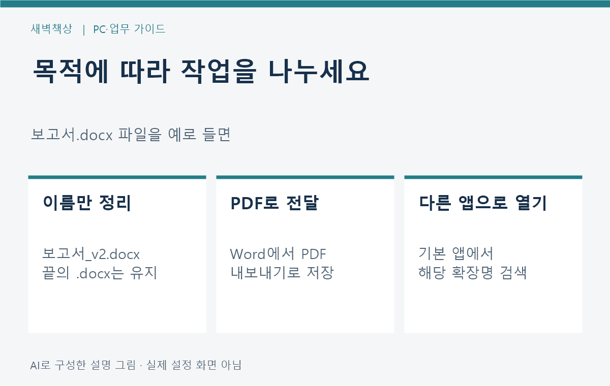 파일 이름 변경, PDF 내보내기, 기본 앱 변경을 나눈 설명 그림