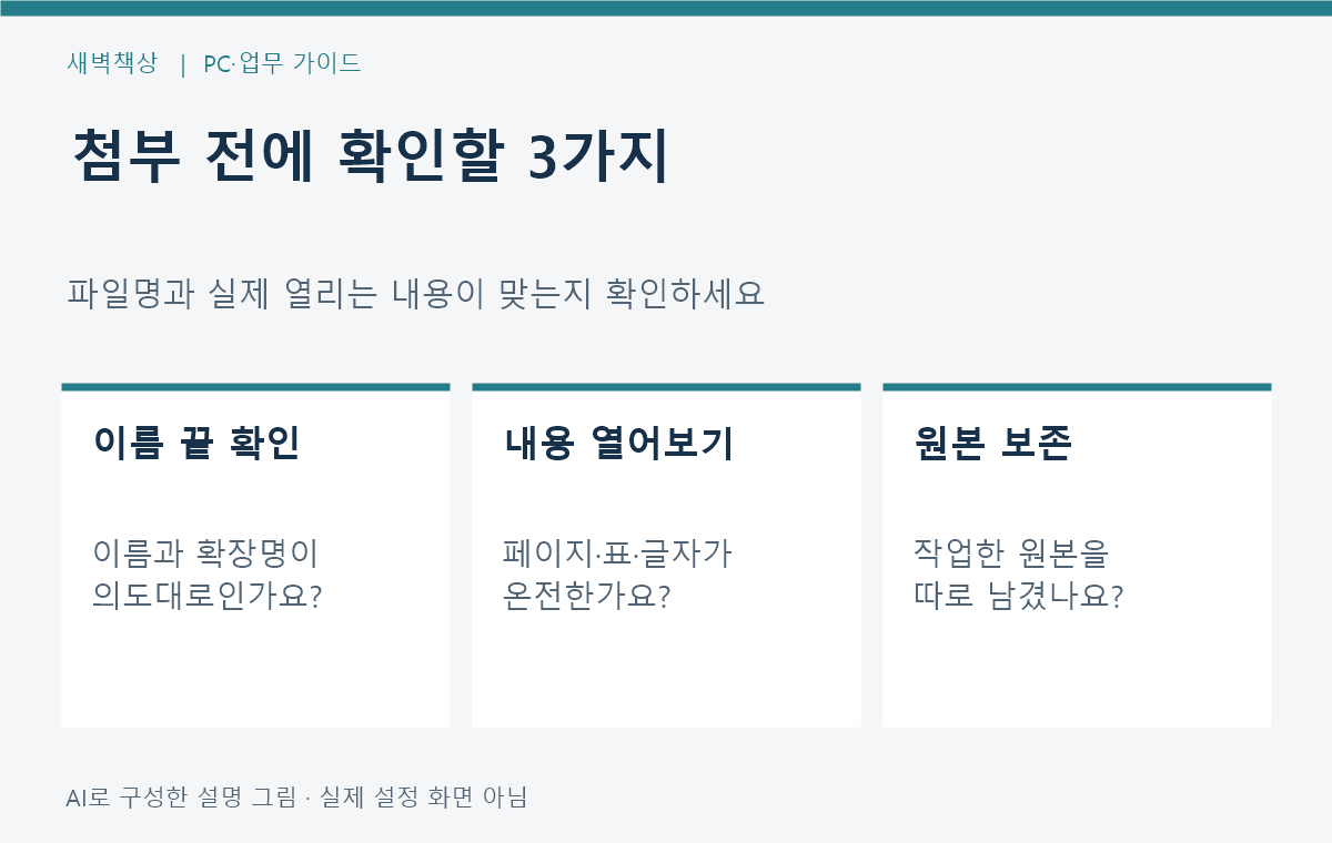 첨부 전 이름과 확장명, 실제 내용, 원본 보존을 확인하는 체크리스트