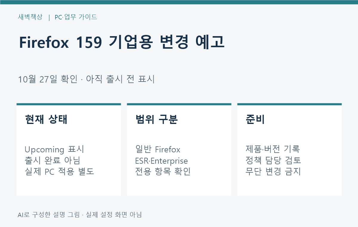Firefox 159 기업용 변경 예고: 출시 전 상태와 적용 범위 — 주제 요약