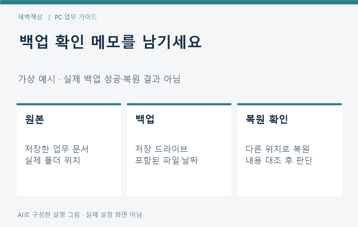 대상 폴더와 백업 버전 및 다른 위치 복원 여부를 기록하는 가상 메모