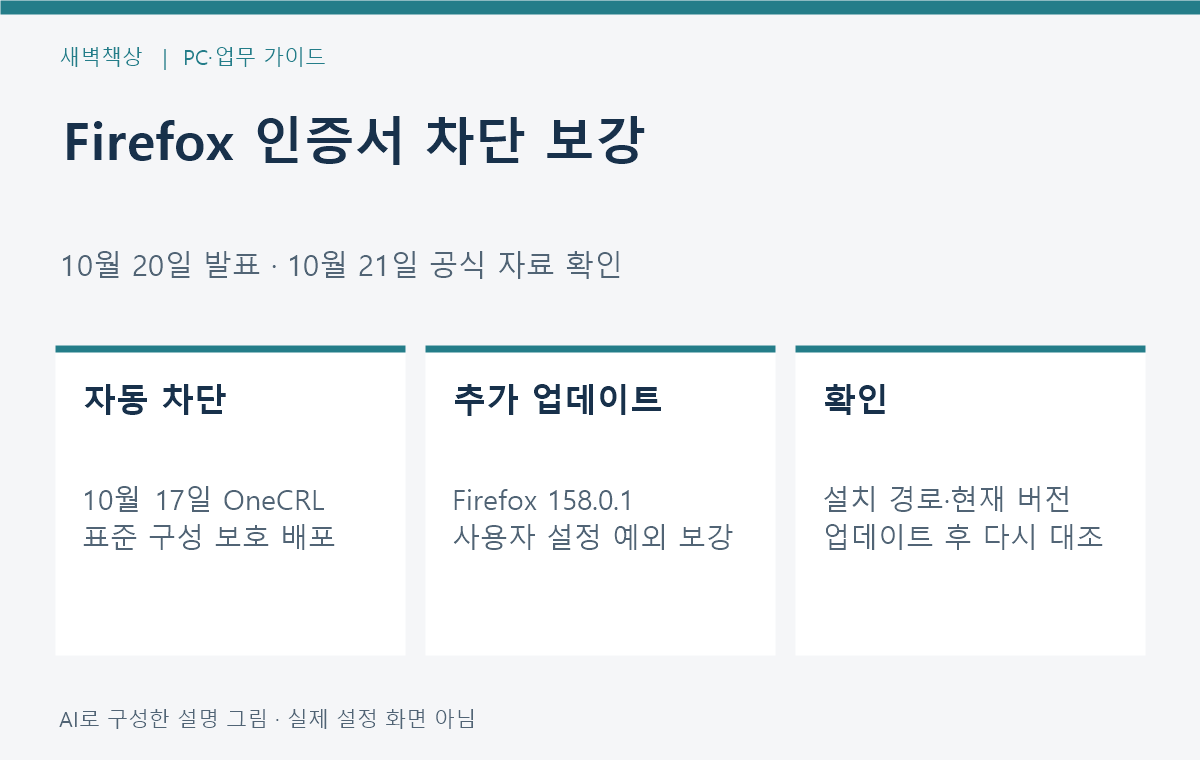 Firefox 158.0.1 보안 업데이트: 인증서 차단 보강과 버전 확인