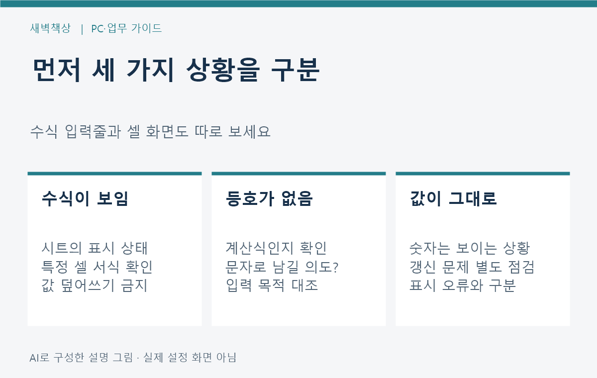 수식이 여러 셀에 보이는 경우와 특정 셀에 보이는 경우 및 갱신 문제를 구분하는 표