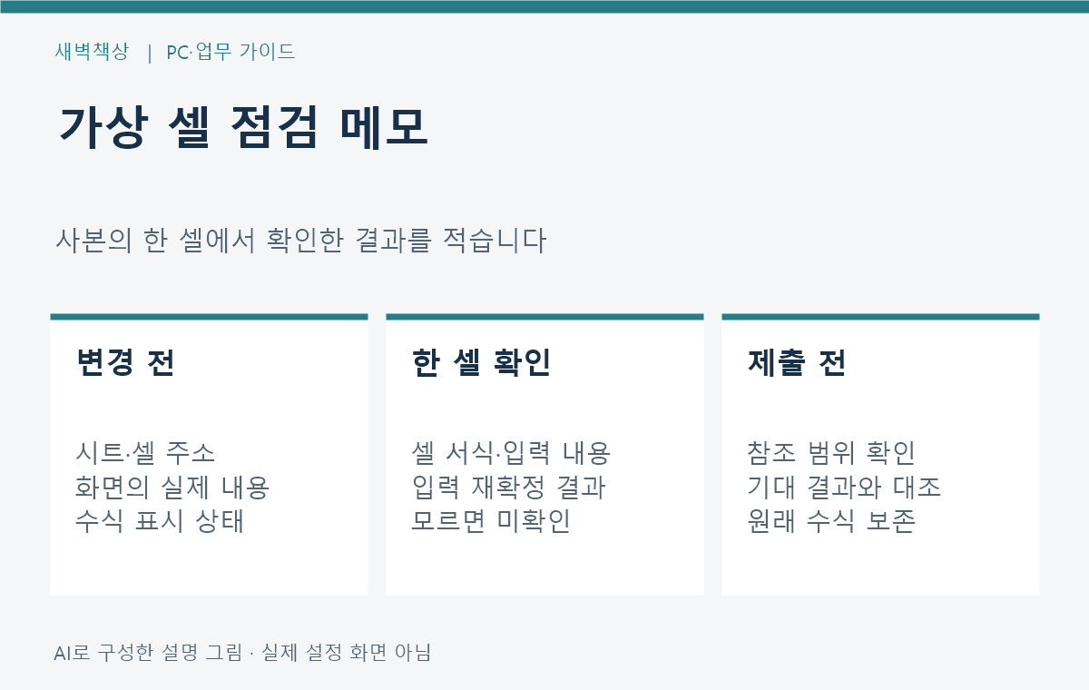 문제 셀 주소와 표시 상태 서식 및 입력 재확정 결과를 적는 가상 메모