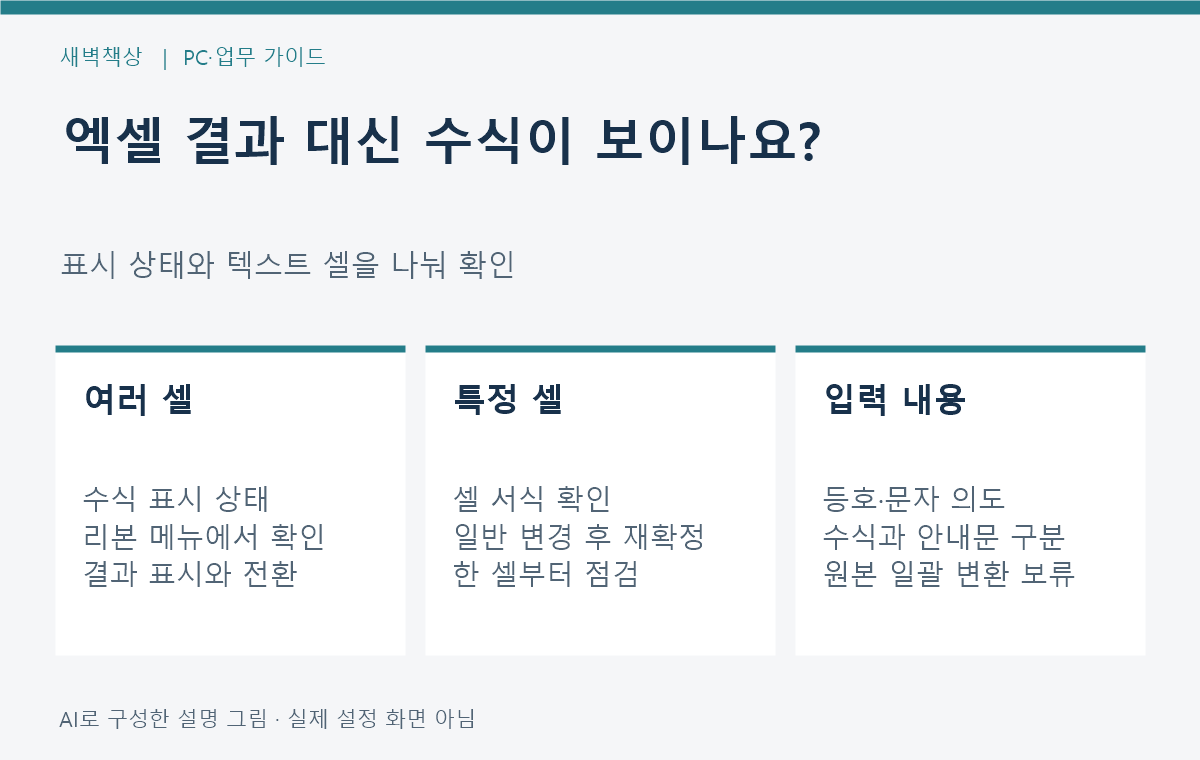 엑셀 수식이 그대로 보일 때: 수식 표시·텍스트 서식 구분