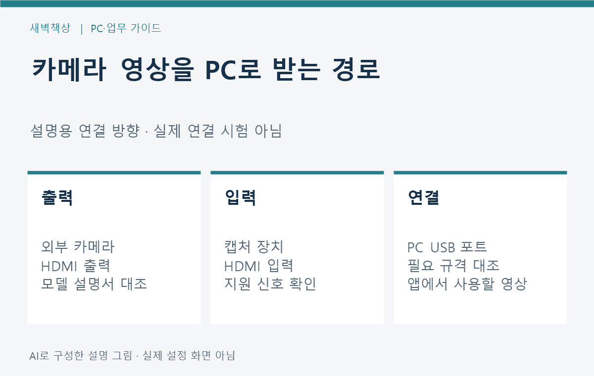 카메라 HDMI 출력에서 캡처 입력을 거쳐 PC USB로 들어가는 방향을 설명한 도식
