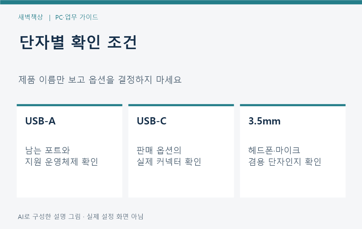 USB-A, USB-C, 3.5mm 겸용 단자 헤드셋의 확인 조건