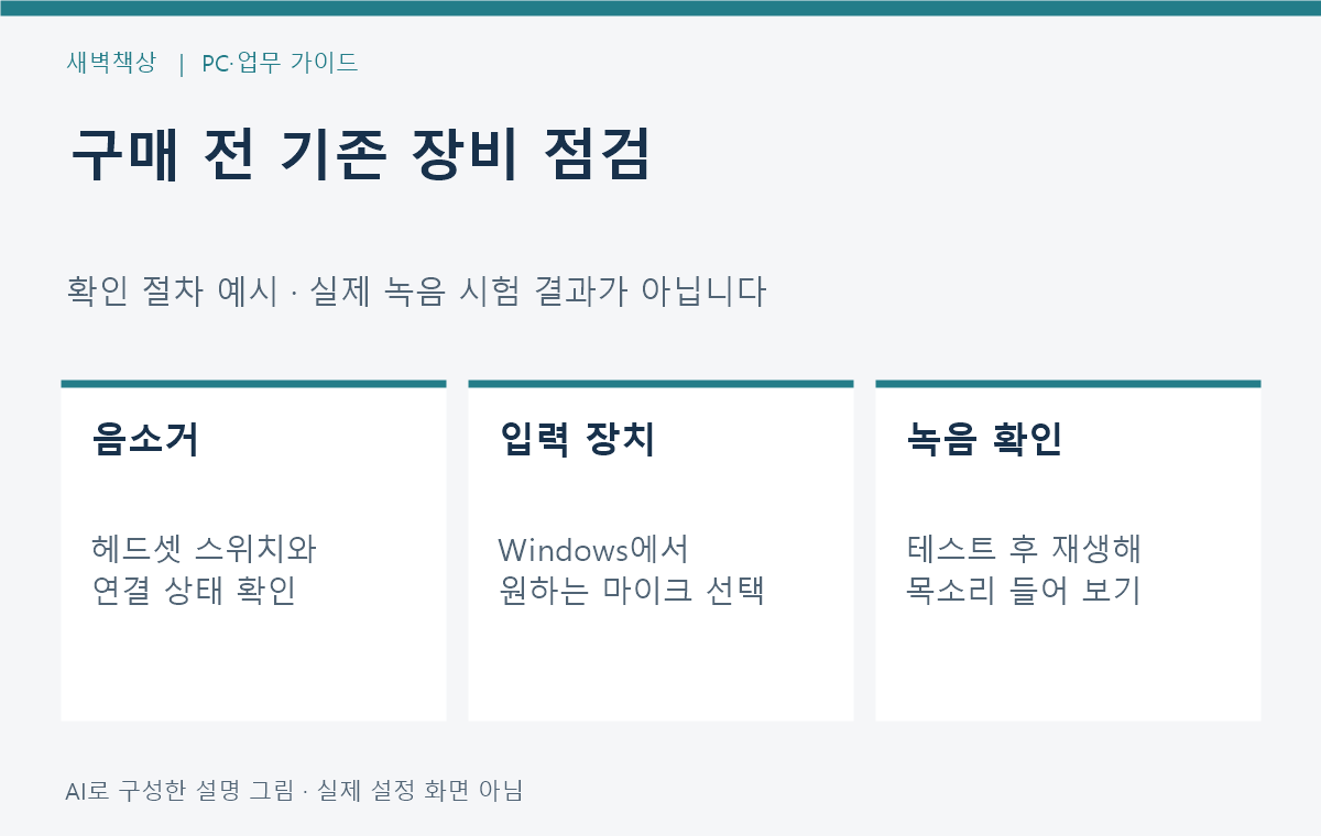 헤드셋 음소거 확인, Windows 입력 장치 선택, 녹음 테스트로 구매 필요성을 판단하는 흐름