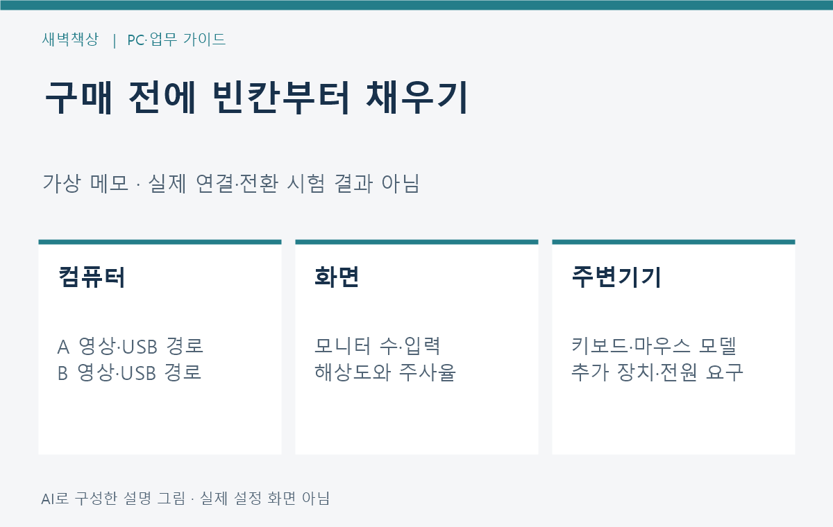 두 PC의 영상 USB 연결과 모니터 목표 모드를 적는 가상 구매 메모