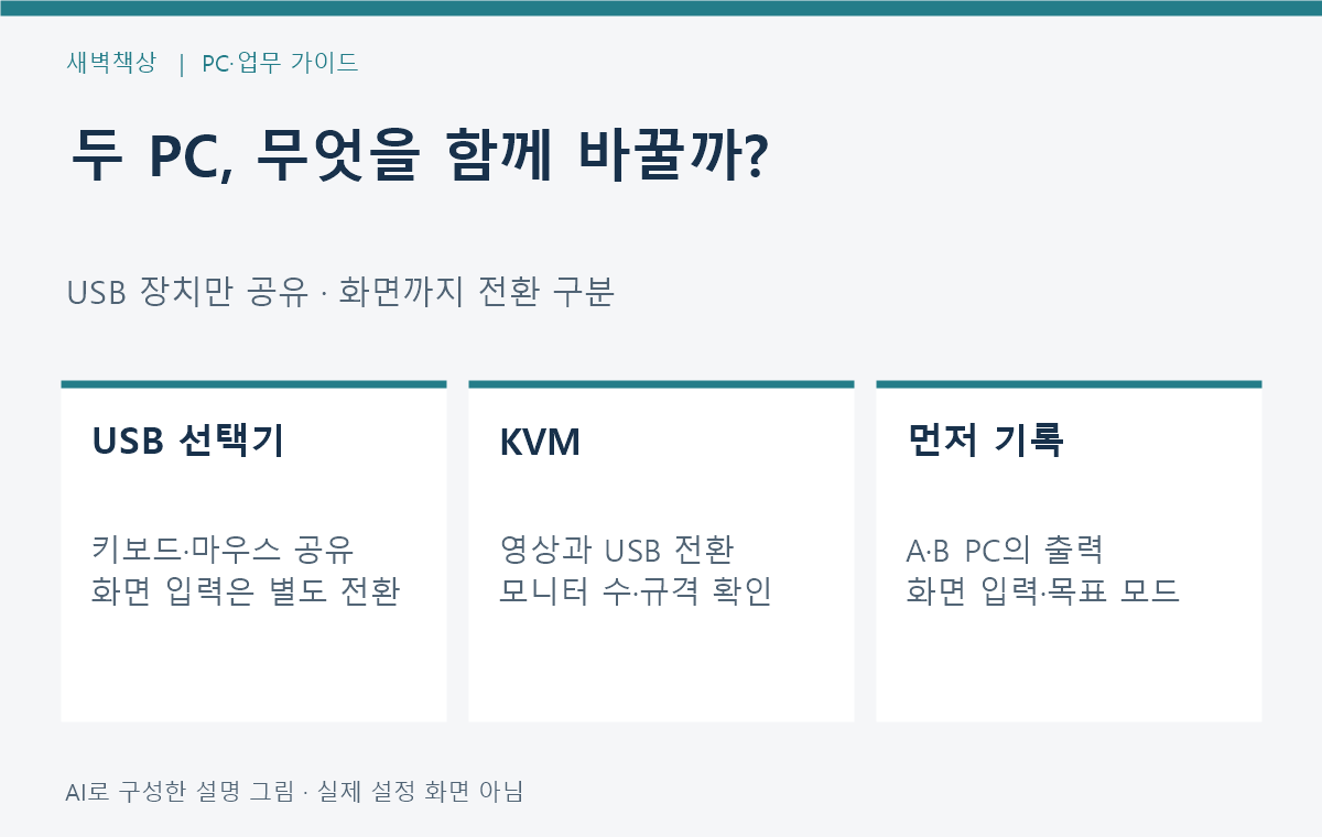 두 PC에서 USB 장치만 전환할지 화면까지 전환할지 구분하는 순서