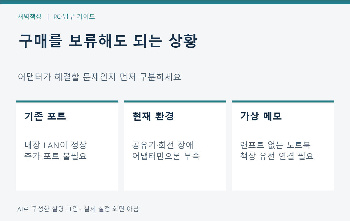 내장 랜포트가 정상인 경우와 공유기·회선 장애를 구분해 구매를 보류하는 도식