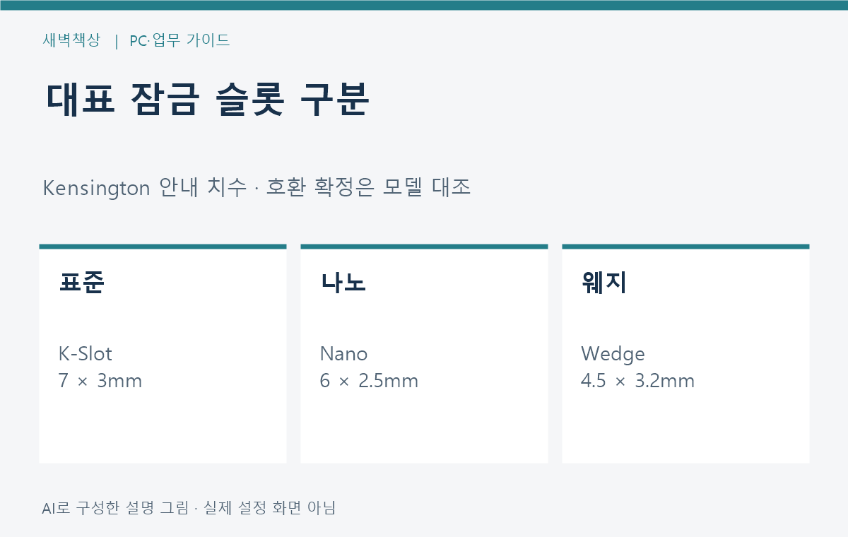 표준 나노 웨지 잠금 슬롯의 표시 치수와 호환 주의를 설명하는 그림