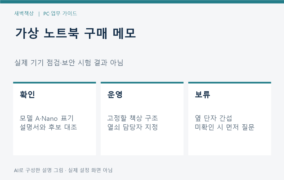 가상 업무용 노트북의 슬롯과 잠금 관리 방법을 적는 구매 검토 메모