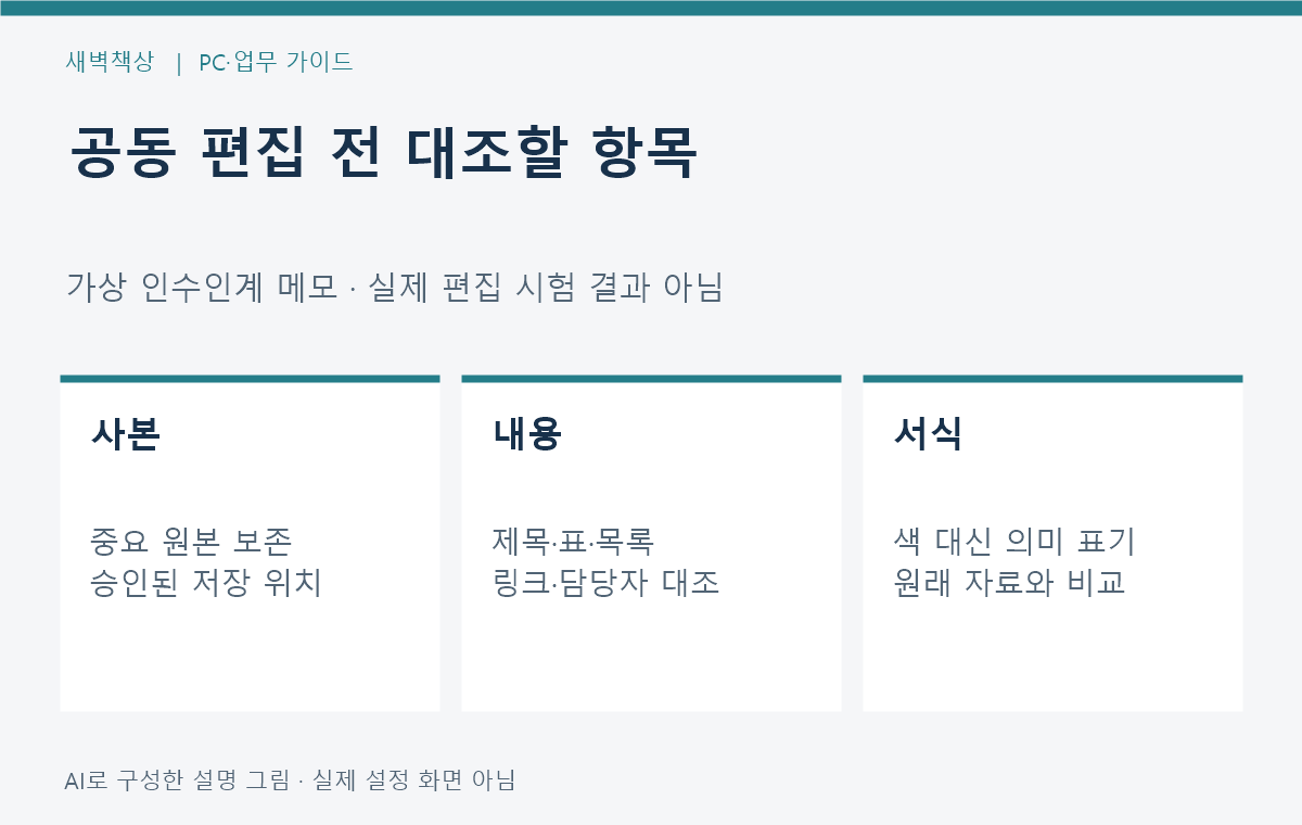 마크다운 공동 편집 전 원본 사본과 제목 표 링크를 대조하는 가상 예시