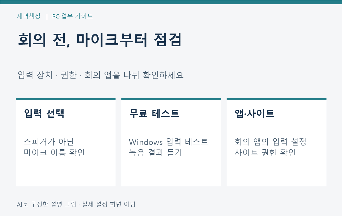 윈도우 11 마이크 안 될 때: 입력 테스트와 앱·사이트 권한 확인 핵심 점검 도식