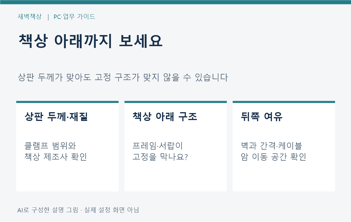 상판 두께와 재질, 책상 하부 간섭, 벽과 케이블 여유를 확인하는 그림