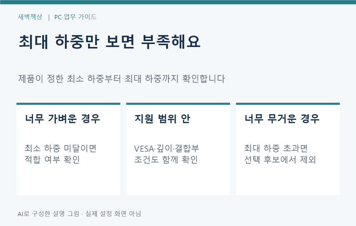 모니터암의 최소 하중, 지원 범위, 최대 하중을 함께 확인하는 설명 그림